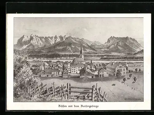 AK Kössen, Ortsansicht mit Kaisergebirge