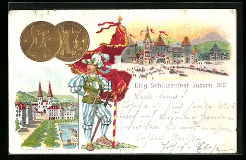 Präge-Lithographie Luzern, Eigenössisches Schützenfest 1901, Eingang zum Festgelände, Ortspartie, Geldmünzen