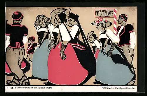 Künstler-AK Bern, Eidgenössisches Schützenfest 1910, Besucher am Festplatz