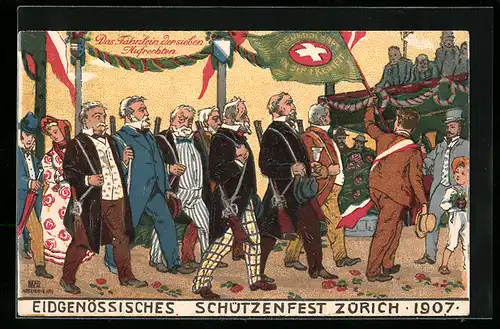 AK Zürich, Eidgenössisches Schützenfest 1907, Festumzug der Teilnehmer