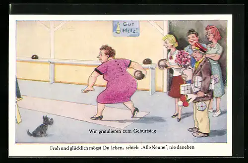 AK Bote mit Paketen für Frau beim Kegeln, Geburtstagsgruss