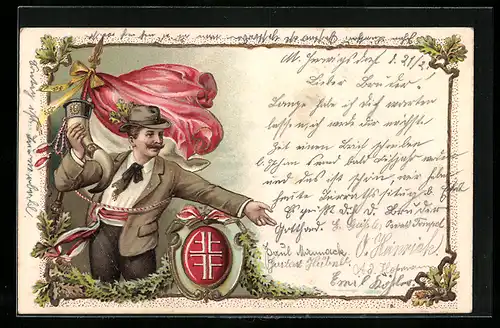 Präge-AK Turner mit Horn, Fahne und Wappen des DTB