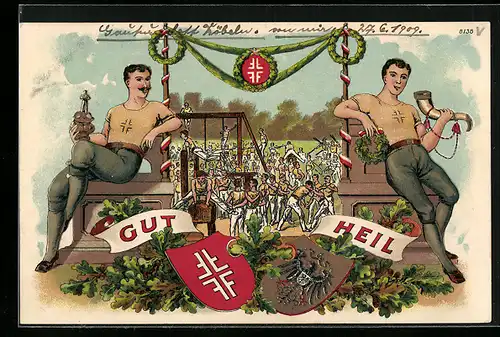 AK Turner bei Freiübungen auf dem Sportplatz, Wappen