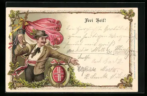 Präge-AK Turner mit Horn, Fahne und Wappen