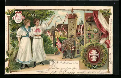 Präge-AK Frauen winken Strassenumzug der Turner, Wappen