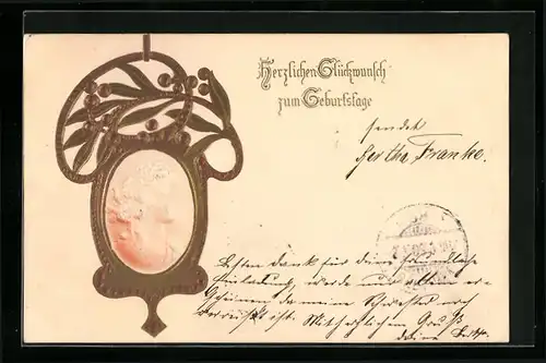 Präge-AK Frauenportrait mit Ornament, Jugendstil