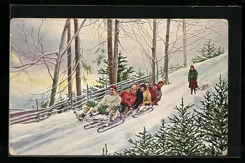AK Ausflügler mit Schlitten an einem Abhang