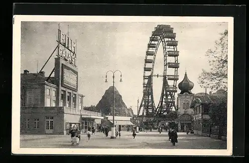 AK Wien, Wiener Prater, Hochschaubahn mit Riesenrad