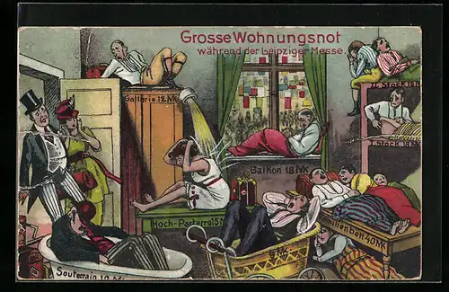 Künstler-AK Frankfurt, Grosse Wohnungsnot während der Frankfurter Messe, Karikatur