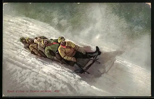 AK Bobsleigh-Rennen, Fahrt durch eine gefährliche Kurve, Course de bobs