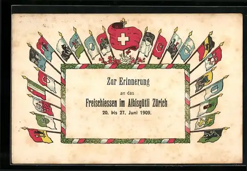 Präge-Künstler-AK Zürich, Freischiessen im Albisgütli 1909, Fahnen