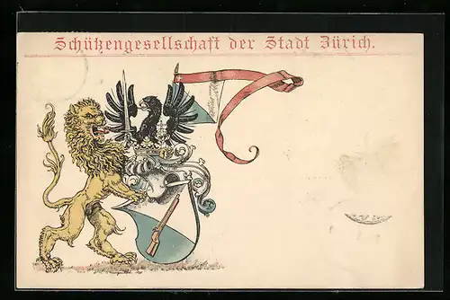 Lithographie Zürich, Schützengesellschaft, Löwe und Adler mit Wappen