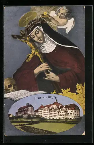 AK Reute, Ortspartie, Englein beschützt Maria mit Jesuskreuz, Passepartout