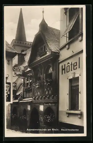 AK Assmannshausen am Rhein, Hotel neben Restaurant Bauernschänke