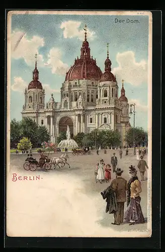 Lithographie Berlin, Partie am Berliner Dom, Kutschen