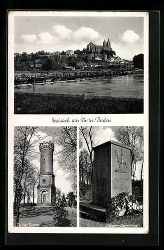 AK Breisach am Rhein /Baden, Uferpartie mit Schloss, Tulla-Turm, Jäger-Denkmal