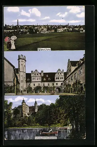 AK Glauchau, Generalansicht, auf dem Schlosshof, kleines Ruderboot am Ufer