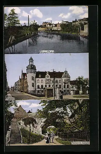 AK Glauchau, Postamt, Tunnel an der Schulstrasse, Ortspartie