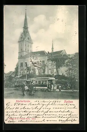 AK Aachen, Adalbertkirche mit Strassenbahn