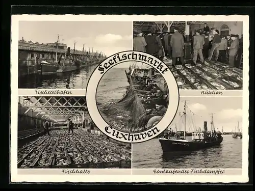 AK Cuxhaven, Seefischmarkt, Auktion, Fischhalle, Einlaufender Fischdampfer