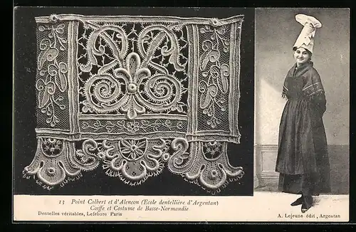 AK Point d`Alencon, Ecole dentellière d`Argentan, Coiffe et Costume de Basse-Normandie, Klöppelware