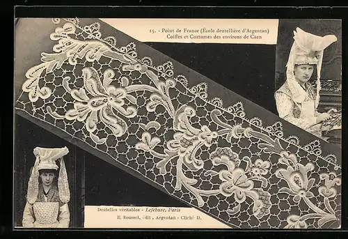 AK Point de France, École dentellière d`Argentan, Coiffe et Costume des environs de Caen