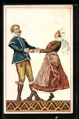 Künstler-AK Skåne, Fjällnäspolska, schwedisches Paar in Tracht
