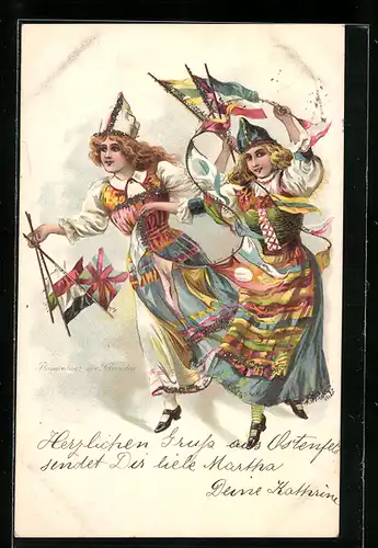 Lithographie Flaggentanz der Schweden, Tracht
