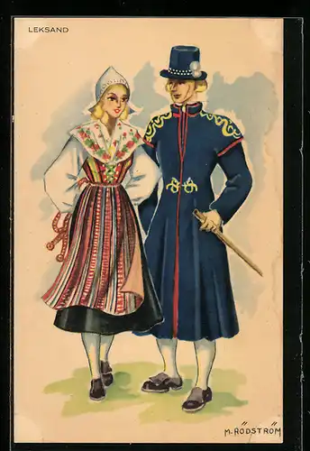 Künstler-AK Leksand, Paar in der typischen Tracht ihrer Region in Schweden