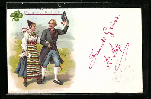 Künstler-AK Dalarne, Rättvik, Pärchen in Tracht beim Spaziergang
