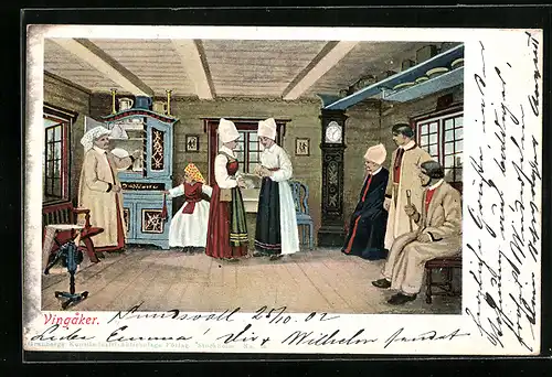 AK Vingaker, Familie in Tracht mit Soldaten in ihrem Haus