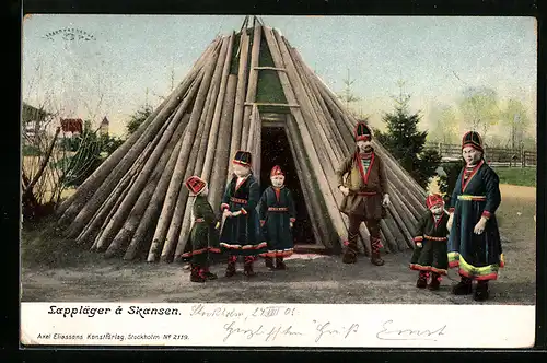 AK Lappläger a Skansen, Schwedische Lappen vor ihrem Zelt