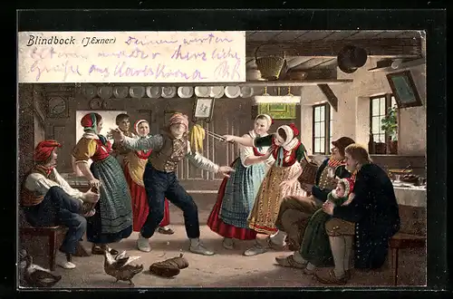 Künstler-AK Schweden in Tracht spielen Blindbock