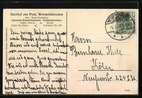 AK Wermelskirchen, Gasthof zur Post von Emil Hochstein, Gastraum