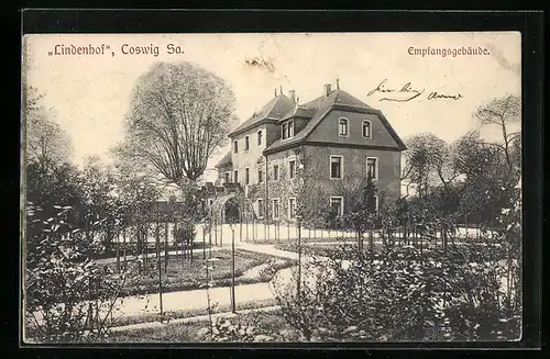 AK Coswig i. Sa., Lindenhof, Empfangsgebäude und Garten