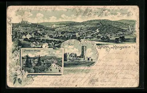 Lithographie Königstein, Ruine, Frankturter Strasse, Totale