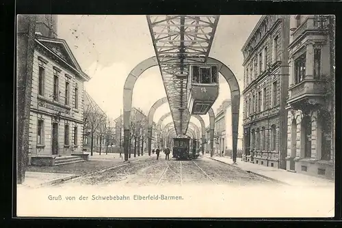 AK Elberfeld-Barmen, Schwebebahn und Strassenbahn an der Sonnen-Apotheke