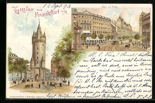 Lithographie Frankfurt a. M., Eschenheimer Turm, Strasse Zeil mit Post und Pferdebahn