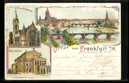 Lithographie Frankfurt a. M., Mainansicht, Opernhaus und die neue Peterskirche