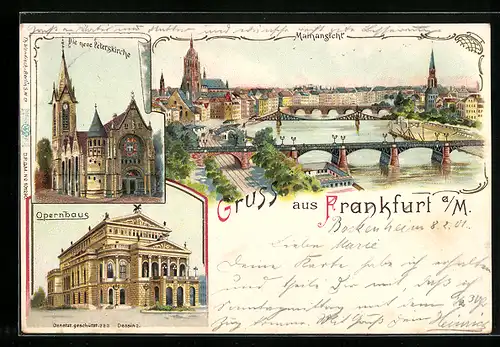 Lithographie Frankfurt a. M., Mainansicht, Opernhaus und die neue Peterskirche
