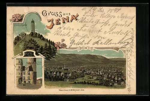 Lithographie Jena, Burg-Keller, Fuchsthurm, Panorama