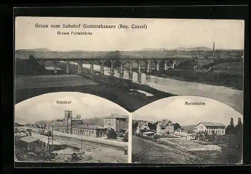 AK Guntershausen /Bez. Cassel, Bahnhof, Marienheim, Grosse Fuldabrücke