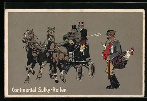 Künstler-AK Reklame für Continental Sulky-Reifen, Bauer mit Hahn betrachtet die vorbeisausende Kutsche