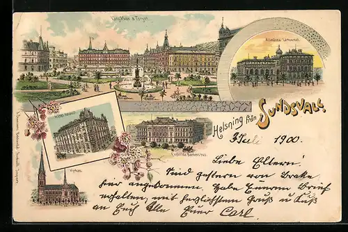 Lithographie Sundsvall, Allmänna Läroverket, Vängafvan & Torget, Kyrkan, Enskilde Bankenshus