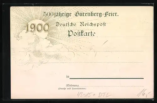 Präge-Lithographie Mainz, 500 jähriges Geburts-Jubiläum Johannes Gutenbergs 1900, Relief-Portrait
