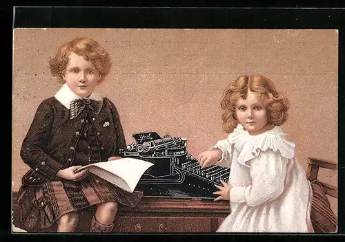 Künstler-AK Zwei Kinder an einer Schreibmaschine, Reklame Compagnie de la machine a Écrire Yost