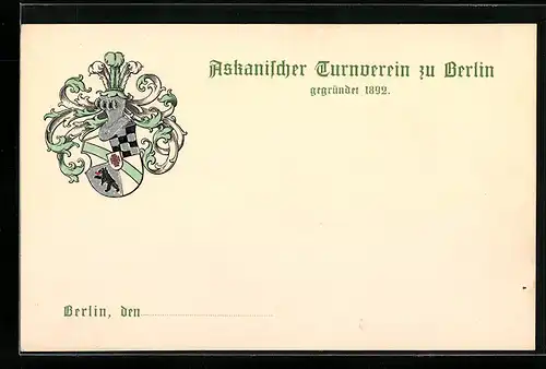 AK Berlin, Askanischer Turnverein zu Berlin, gegr. 1892, Studentenwappen