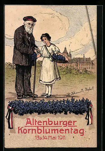 Künstler-AK Altenburg, Kornblumentag 1911, Blumenmädchen mit altem Mann