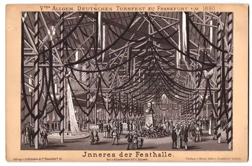 Lithografie G. Bäumlein & Co., Frankfurt / Main, Ansicht Frankfurt / Main, Deutsches Turnfest 1880, Festhalle