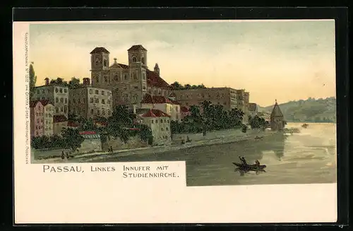 Künstler-AK Passau, Innufer mit Studienkirche